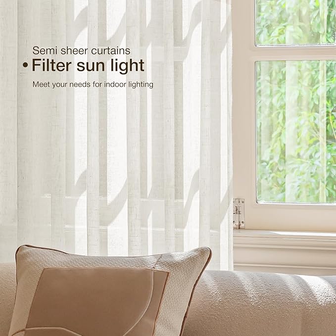 Anmao Natural Linen Curtains for Living Room 84 Inch Length 2 Panels Set, Light Filtering Semi Sheer Window Curtain Drapes for Bedroom with Curtain Rings and Clips, 52Wx84L, Ivory
