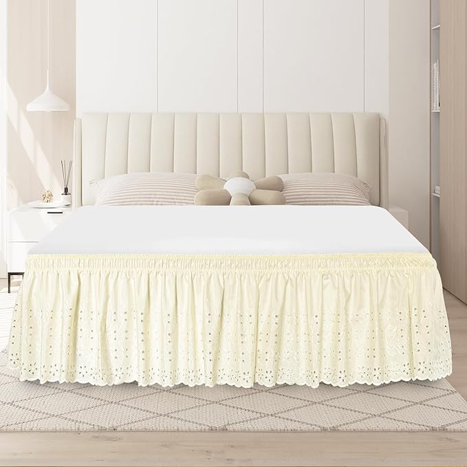 Queen Bed Skirt, Wrap-Around Elastic Ruffled Eyelet Bed Skirt Queen Size Dust Ruffle with Gathered Styling and Embroidered Details, 18" Drop Length (Light Yellow)