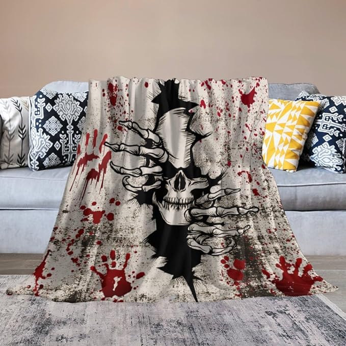 Horror Skull Throw Blanket, Halloween Day of The Dead Vintage Gothic Scary Blood Hand Soft Warm Fleece Blanket for Bed Couch Living Room All Season, 30"x40"