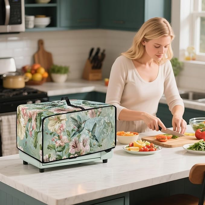 Air Fryer Toaster Oven Dust Cover Protective Convection Oven Cover with Pockets and Handle for Kitchen Countertop, S, 14.5 x 18.5 x 9 Inches, Retro Hummingbird Hibiscus Flower Green