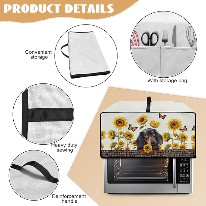 Dachshund Dog Sunflower Butterfly Print Microwave Oven Dust Cover Dustproof Microwave Toaster Oven Cover Polyester-Linen Fabric Kitchen Machine Covers for Toaster Oven Air Fryer, M