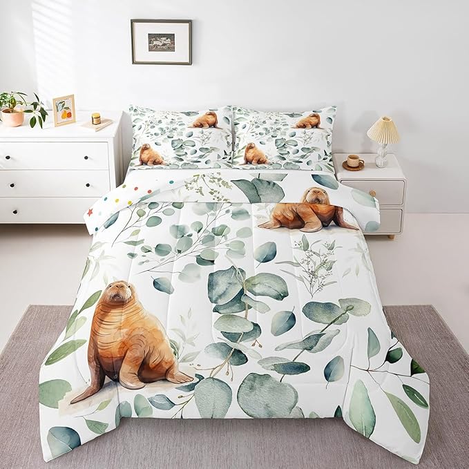 Erosebridal Cartoon Seal Full Size Comforter Set Toddler Ocean Wildlife Bedding Set, Spring Plant Down Comforter Eucalyptus Leaf Bed Set, Sea Animal Theme Quilted Duvet Kids Room Decor