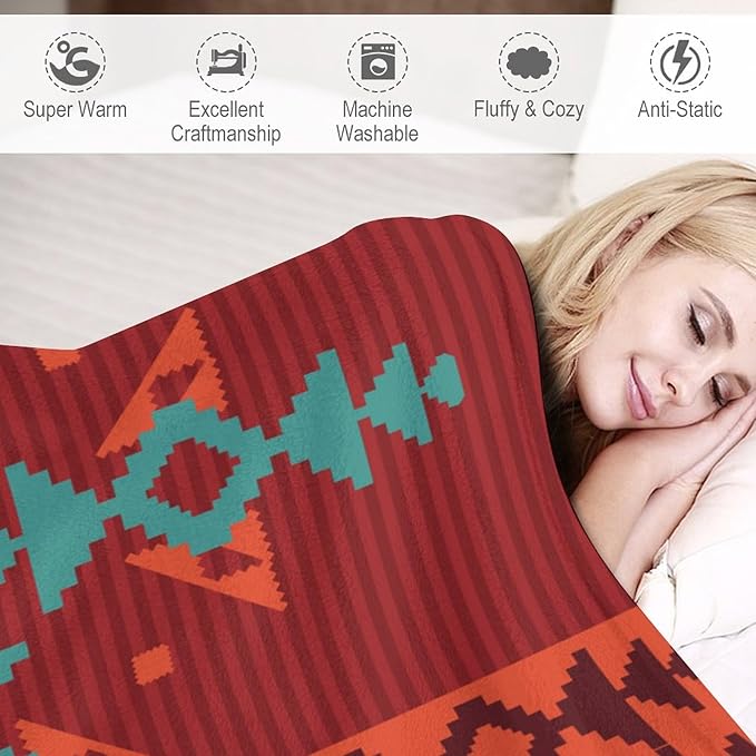 Aztec Throw Blanket, Red Native Southwestern Boho Blanket for Couch Bed Chair Outdoor Travel 60"x80"