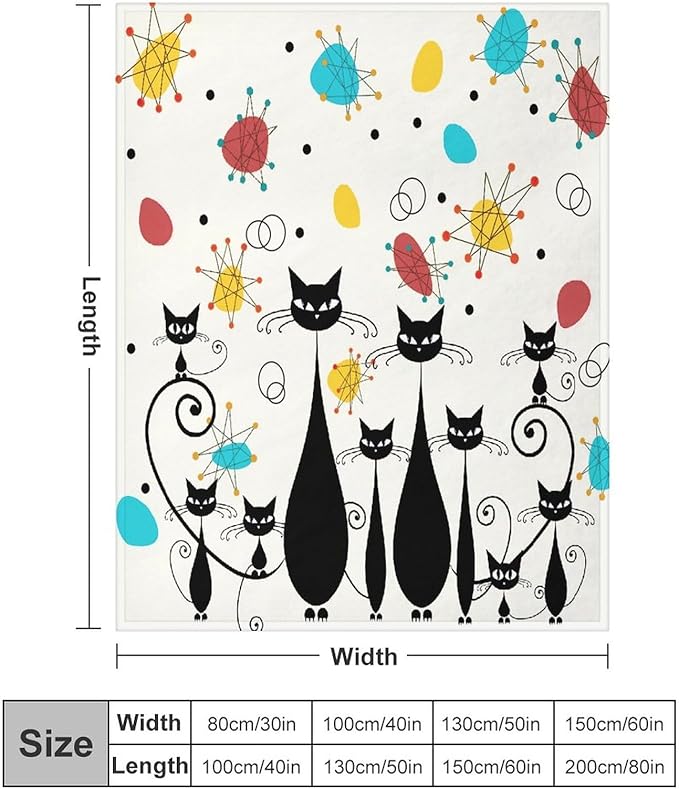 Mid Century Modern Throw Blanket, Atomic Black Cat Starbursts Iconic Sputnik Retro Abstract Geometric 1950s 1960s Throw for Adults Kids Pet, Beige Black 50"x60"