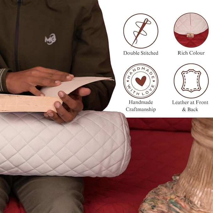 Neck Roll Pillow Cushion Cover, 20x5 Inch Full Moon Round Bolster Pillow Case, Cylinder Soft Lambskin Leather Pillowcase for Head, Spine & Neck Support During Sleep - Quilted White Pack of 1