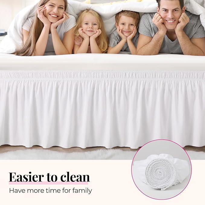 RIMELA White Bed Skirt Queen Size 15 Inch Drop, Elastic Bed Skirting for Bed Base and Frame, Bedding Dust Ruffle Easy to Install, Wrap Around Adjustable Bedskirt