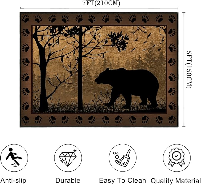 Rustic Area Rug 5x7,Bear Country Cabin Wildlife,Brown Rugs for Living Room,Ultra-Thin Washable Throw Carpet Indoor Vintage Rugs Non Slip Accent Floor Mats for Bedroom,Dining Room,Laundry Room,Office