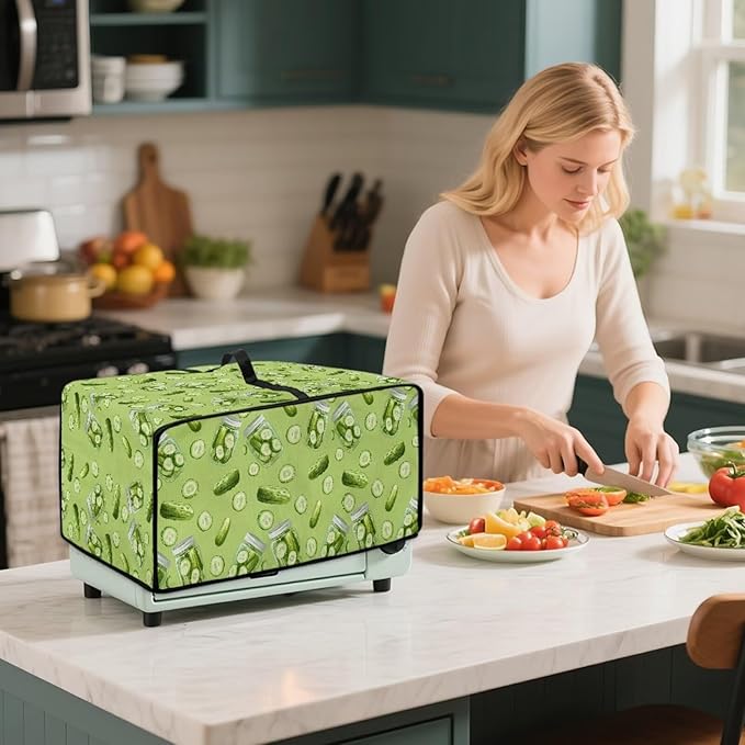 Toaster Oven Dust Cover with Storage Pockets, Dust-Proof Kitchen Appliance Protector for Small Appliances Convection Ovens, S, 14.5 x 18.5 x 9 Inches, Cucumber Print Green