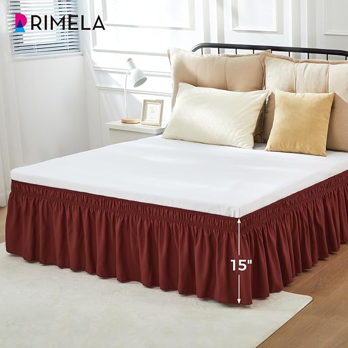 RIMELA Wine Red Bed Skirt Queen Size 15 Inch Drop, Elastic Bed Skirting for Bed Base and Frame, Bedding Dust Ruffle Easy to Install,Wrap Around Adjustable Bedskirt,Christmas Bedroom Decor