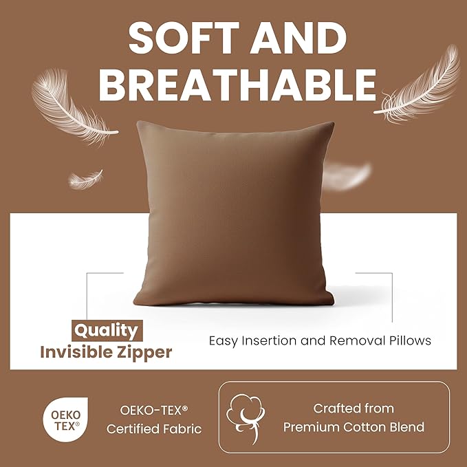 Haven & Glow Decorative Throw Pillow Cover – Square Cushion Case with Zipper | Modern Sofa, Couch & Bed Accent Pillow Covers for Living Room, Bedroom & Home Decor | 22 x 22 Inch – Dark Brown – 2 Pack