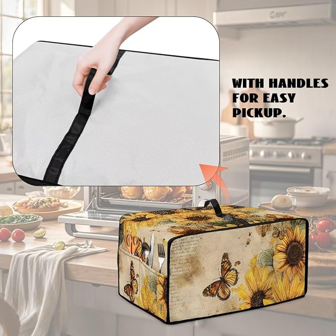 Microwave Oven Dust Cover Dust-Proof Sturdy Microwave Oven Cloth Cover Waterproof Kitchen Appliance Protector Suitable for Most Microwave Ovens, Vintage Sunflower Butterfly Letter Print, M