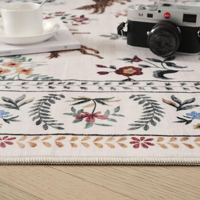 Rugcomf Round Rug 6ft Washable Circle Rug Non Slip Low Pile Boho Floral Animal Small Circular Rug for Bedroom, Bathroom, Entryway, Kids Room, Office, College Dorm (Beige)