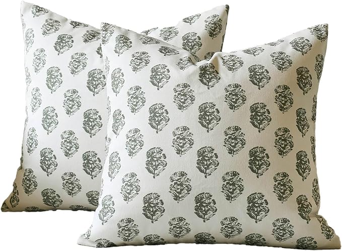 DOMVITUS Set of 2 Floral Pillow Covers 18x18, Block Print Pillow Covers Vintage Neutral Decorative Farmhouse Throw Pillow Covers for Couch Bed Living Room Dusty Green