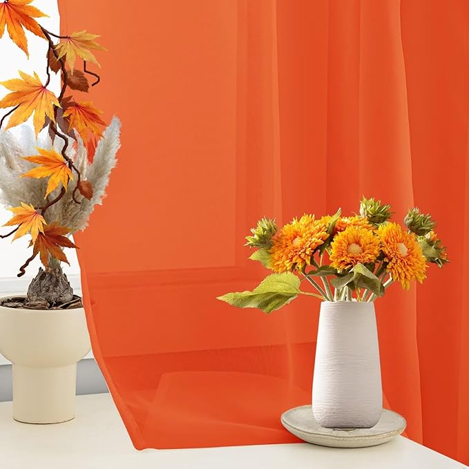 Sheer Curtains 63 Inches Long 2 Panels, Rod Pocket Short Curtain for Kitchen, Bedroom, Cafe Window(Burnt Orange 38" W x 63" L)