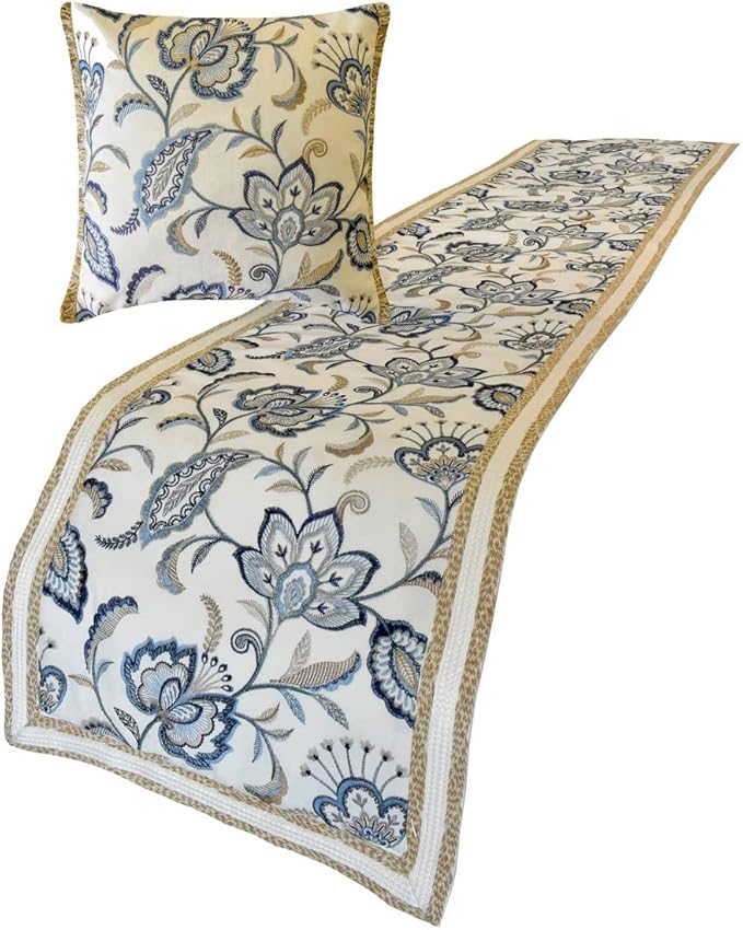 The HomeCentric King/Queen/Twin Blue Designer Queen 74"x18" Bed Runner with Pillow Cover, Floral, Embroidered, Jute Lace & Lace Bed Scarf on Cotton Fabric - Morning Glories