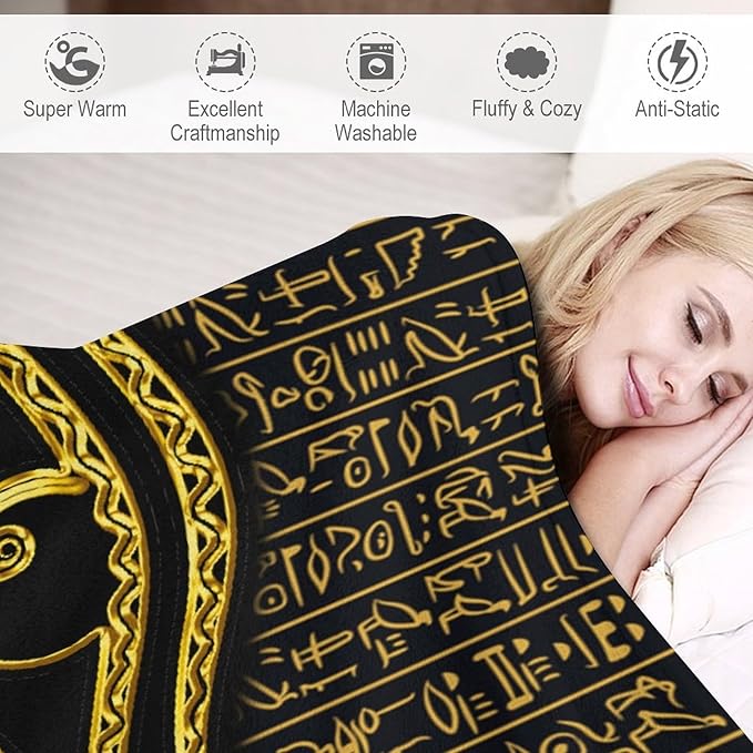 Ancient Egyptian Blanket, Egyptian Eye of Horus Ancient Culture Golden Egyptian Hieroglyphs Alphabet Print Blankets for Couch Sofa Bed Boys Mens, 40"x50"