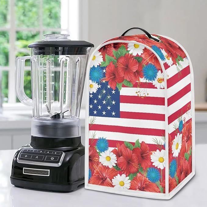 4th of July Blender Covers for Kitchen Food Processor Cover with Handle, Dust Covers for Kitchen Appliances Stand Mixer or Coffee Maker Appliance Cover, USA Flag Daisy