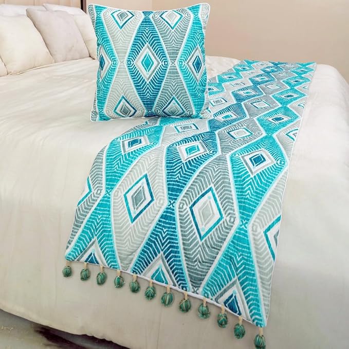 The HomeCentric King/Queen/Twin Blue, Ivory & Grey Decorative King 90"x18" Bed Runner with 2 Pillow Cover, Quilted & Printed Bed Scarf on Cotton Fabric - Tallulah