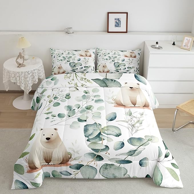 Erosebridal Boys Cartoon Animal Toddler Size Comforter Set for Kids Toddler Kawaii Polar Bear Bedding Set, Arctic Wildlife Down Comforter White Green Bed Set, Botanical Eucalyptus Quilted Duvet