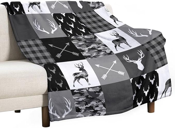 Rustic Cabin Throw Blanket, Farmhouse Grey Camouflage Deer Vintage Country Hunting Wildlife Blanket Throw for Bed Camping Travel Living Room Bedroom, 30"x40"
