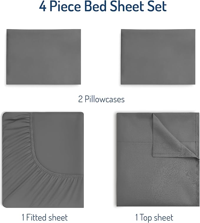 Degrees of Comfort Full Size Sheet Set for Air Mattress – Extra Deep Pocket up to 22”, 4-Piece Bedding Sets with Dual Side Storage Pockets, Breathable & Soft, Wrinkle-Free, Grey