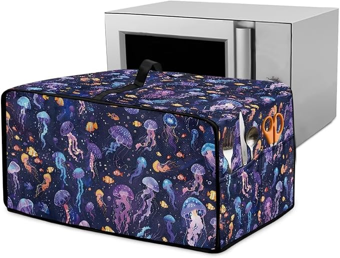 Jellyfish Clownfish Bubble Print Microwave Oven Cover Dust-Proof Fabric Toaster Oven Covers Easy to Clean Foldable Microwave Oven Grill Cover Protector with Top Handle, L