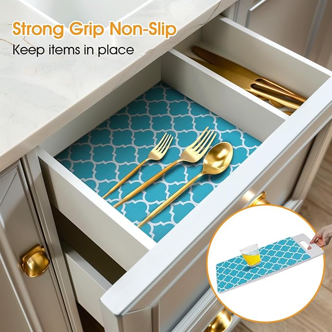 Shelf and Drawer Liner for Kitchen Cabinets Non-Adhesive, Strong Grip Non-Slip Thickened Cabinet Liners for Shelves, Waterproof Mats for Dresser Cupboard, Green/White, 17 in x 10 Feet