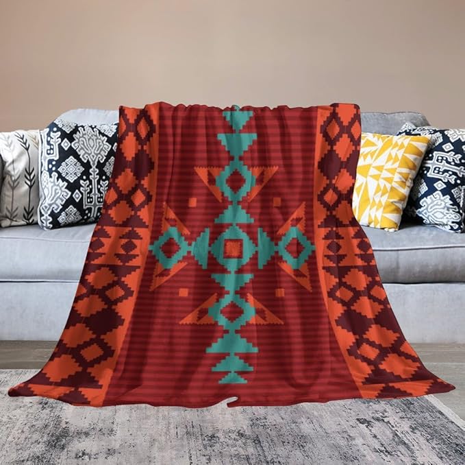 Aztec Throw Blanket, Red Native Southwestern Boho Blanket for Couch Bed Chair Outdoor Travel 30"x40"