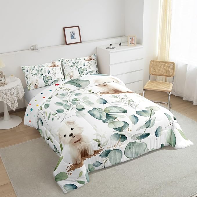 Erosebridal Cute Dog Bedding Queen Size for Kids Child Green Eucalyptus Comforter Set Queen, Pet Animal Duvet Insert Botanical Plant Leaves Quilt Set, Cartoon Pug Puppy Bedding Comforters & Sets