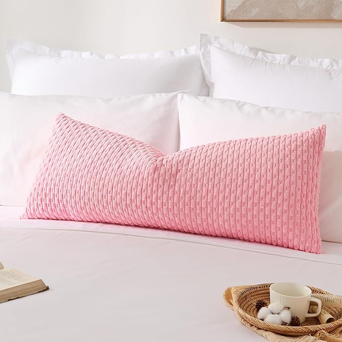Kevin Textile 14x36 Inch Long Lumbar 1 Pack Boho Decorative Throw Pillow Cover Soft Striped Corduroy Rectangle Cushion Case Farmhouse Accent for Living Room Couch Sofa Bed, Pink