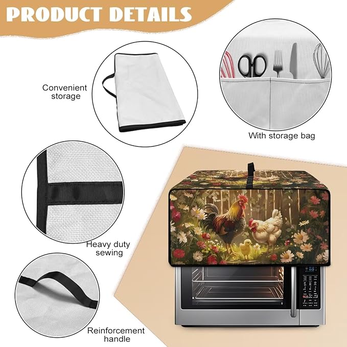Air Fryer Toaster Oven Dust Cover with Side Pockets, Protective Countertop Microwave Oven Cover for Home Indoor Decor, M, 16.5 x 20.5 x 10 Inches, Rooster Chicken Daisy Print