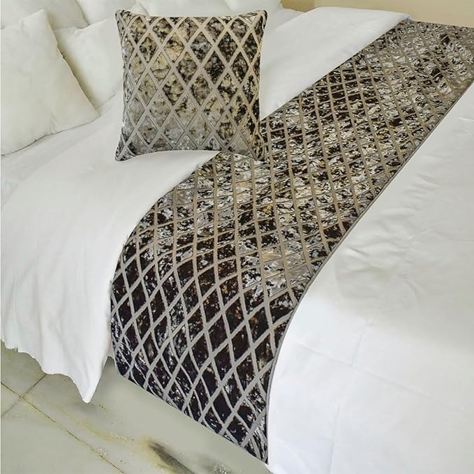 The HomeCentric King/Queen/Twin Grey Decorative Bed Runner CA King 86"x18" Bed Runner Without Pillow Cover, Diamond Pattern, Velvet Cut Bed Scarf on Velvet Fabric - Grey Velvet Verve