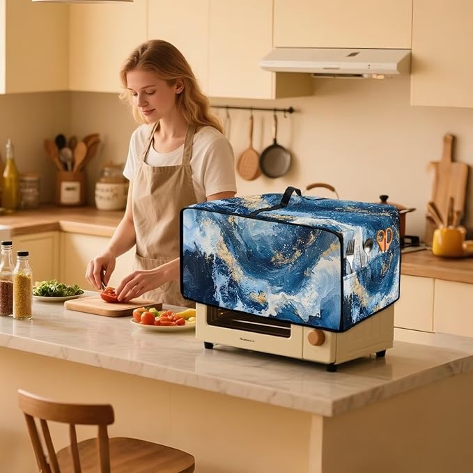 Blue Golden Marble Texture Print Microwave Oven Cover Dust-Proof Polyester-Linen Fabric Toaster Oven Cover Easy to Clean Microwave Grill Cover Protector with Top Handle, S