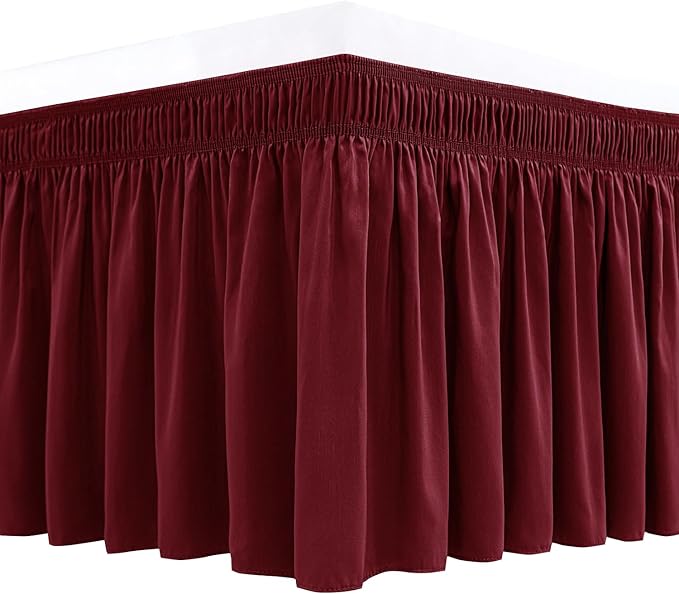 Biscaynebay Wrap Around Bed Skirts for King & Cal King Beds 19" Drop, Burgundy Adjustable Elastic Dust Ruffles Easy Fit Wrinkle & Fade Resistant Silky Luxurious Fabric Solid Machine Washable