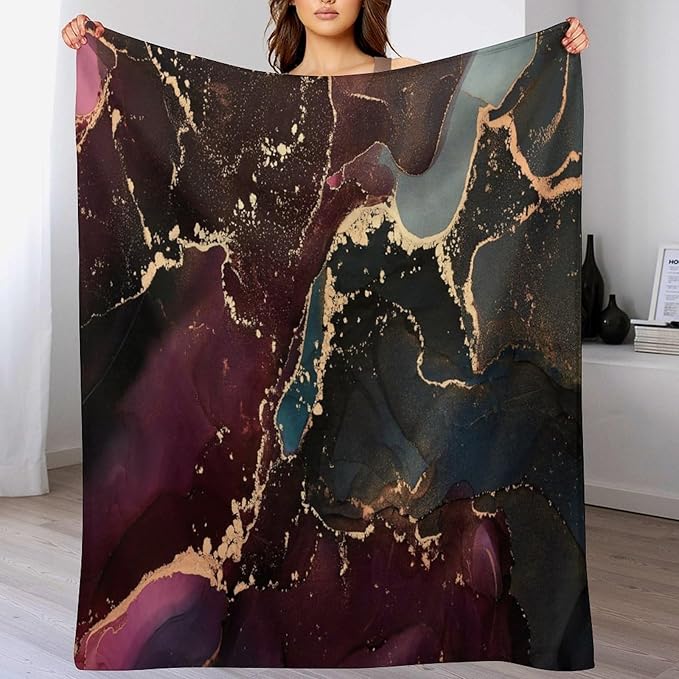 Modern Marble Blanket, Abstract Luxury Baroque Golden Purple Blue Stone Veins Pattern Soft Warm Cozy Plush Flannel Covers for Livingroom Bedroom Couch Chair Camping Travel Home Decor Tapestry 30x40in