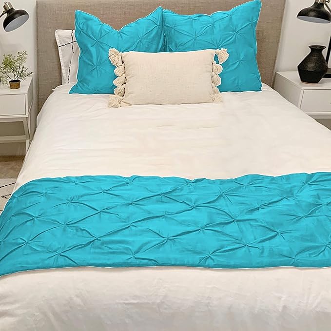 Bed Runner Set - 100% Pure Cotton 800 Thread Count - Luxury 1 Pinch Pleated Bed Runner and 2 Pillow Cover - 3 Piece Pinch Pleated Bed Runner Set California King, Turquoise