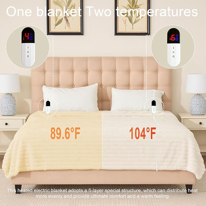 Heated Blanket 84"X90",Fast Heating Blanket with 6 Heat Levels 10 Hours Auto-Off Overheat Protection,Stripe Faux Rabbit Fur Soft Warm Electric Blanket, ETL Certified,Cream