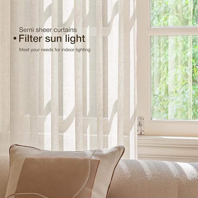 Anmao Natural Linen Curtains for Living Room 120 Inch Length 2 Panels Set, Light Filtering Semi Sheer Window Curtain Drapes for Bedroom with Curtain Rings and Clips, 52W x 120L, Ecru