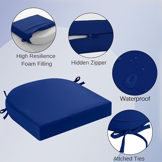 idee-home Outdoor Chair Cushions Set of 4, Thick 17" x 17" x 3" Patio Chair Cushions for Outdoor Furniture Waterproof with Ties, Seat Cushion, Patio Chair Pads Dining Chair Dark Cerulean