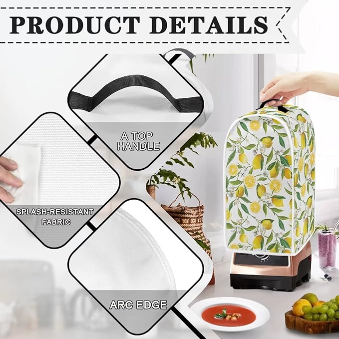 Lemon Print Blender Covers Kitchen Food Processor Covers with Durable Handle, Durable Foldable Small Appliances Protector Universal Blender Cover