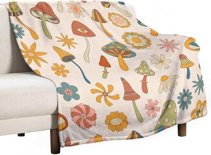 70s Mushroom Throw Blanket, Retro 60s Groovy Mushroom Boho Hippie Flowers Print Blanket for Kids Baby Bedroom Sofa Holiday Decor 30"x40"