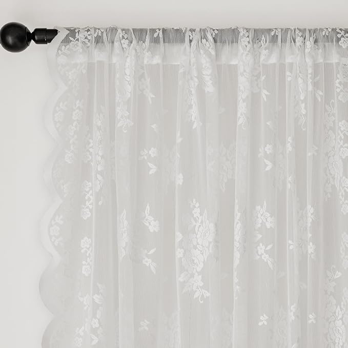 Anmao Vintage Lace Kitchen Curtains 18 Inches Long 2 Panels, Romantic Semi Sheer Floral Over Sink Lacy Cafe Curtain, Elegant Window Short Small Drapes, 55W x 18L, White Rose