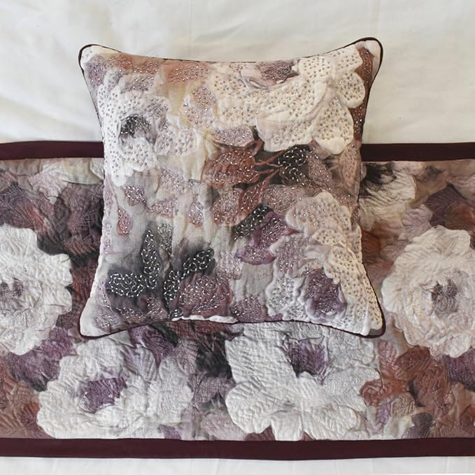 The HomeCentric King/Queen/Twin Purple Decorative Twin 53"x18" Bed Runner Without Pillow Cover, Floral, Roses, Bead Embroidery & Handmade Bed Scarf on Jacquard Fabric - Wood Rose