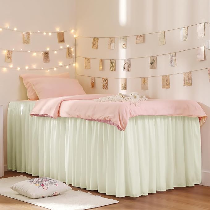 RIMELA Dorm Bed Skirt Twin XL 42 Inch Drop, Easy to Install Extra Long Wrap Around Elastic Dust Ruffle, Cream Bedskirt Silky Fabric Machine Washable (Twin XL 80“L x 39”W & Twin 75“L x 39”W)