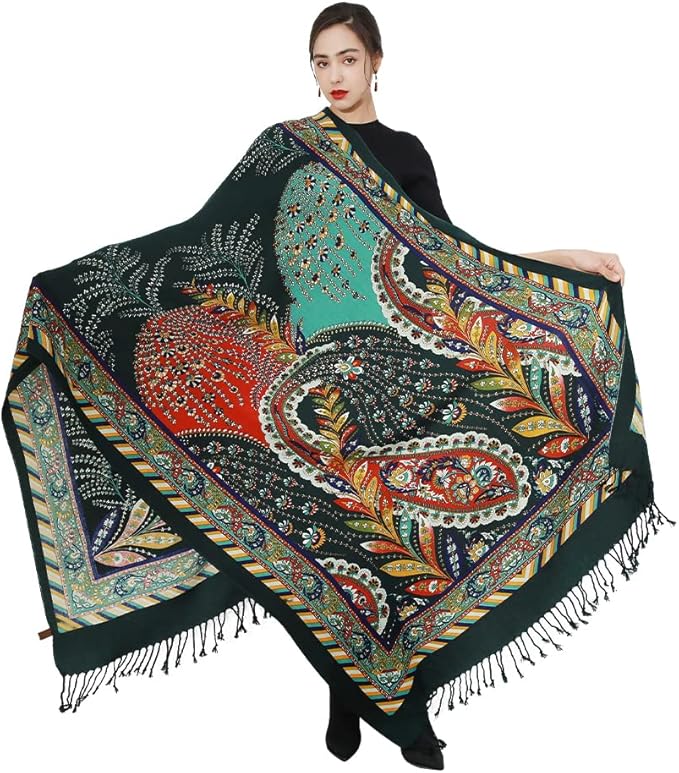 DANA XU 100% Merino Wool Extra Large Pashmina Blanket Travel Scarf Cashmere Wrap for Women Fall Winter Oversize Shawl Floral