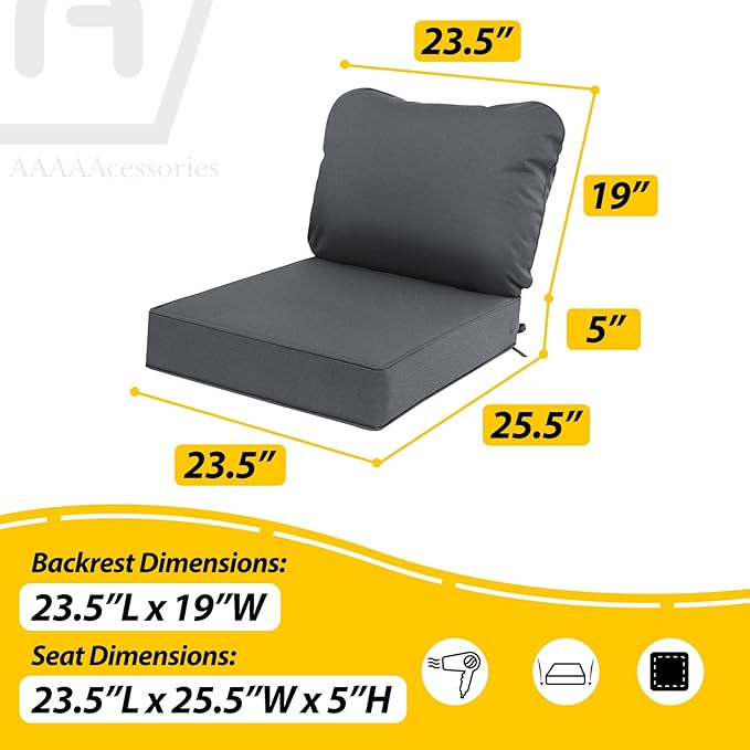 AAAAAcessories Outdoor Deep Seat Cushions, Waterproof, Fade-Resistant Patio Furniture Replacement Cushions, 23.5" x 25.5" x 5" + 23.5" x 19", Dark Gray