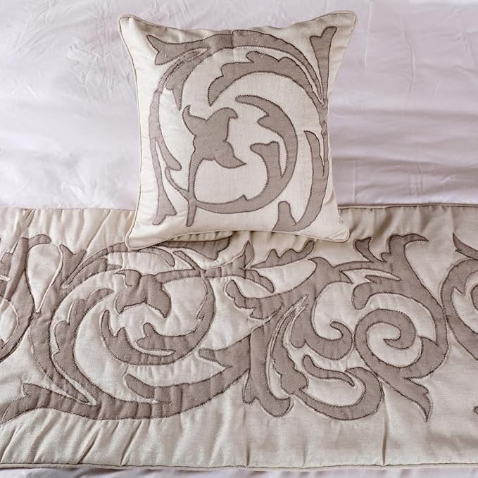 The HomeCentric Decorative Ivory & Beige Queen 74 x 18 inch Bed Runner Without Pillow Cover, Linen Lurex Applique Bed Scarf, Abstract Modern - Pretty Dainty