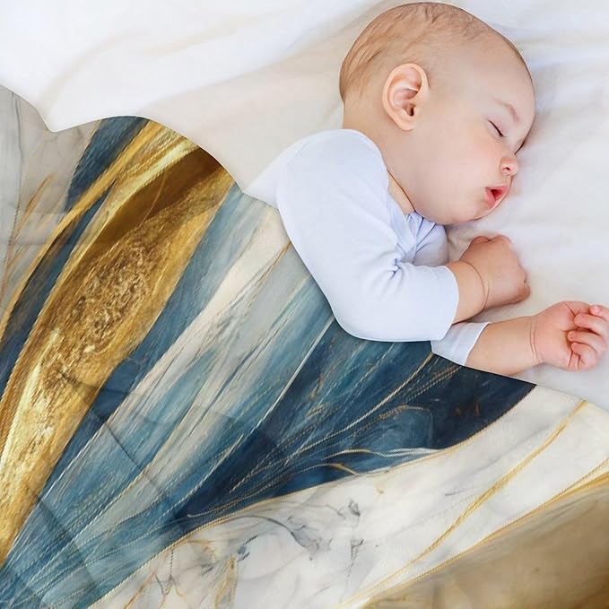 Abstract Marble Blanket, Modern Luxury Baroque Golden Blue White Stone Veins Pattern Soft Warm Cozy Plush Flannel Covers for Livingroom Bedroom Couch Chair Camping Travel Home Decor Tapestry 60x80in