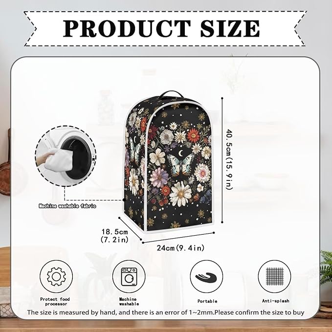 Floral Butterfly Blender Cover Dust Cover Black Insulated Kitchen Appliance Cover for Coffee Machine Juice Maker Washable Food Processor Protective Cover Kitchen Accessory
