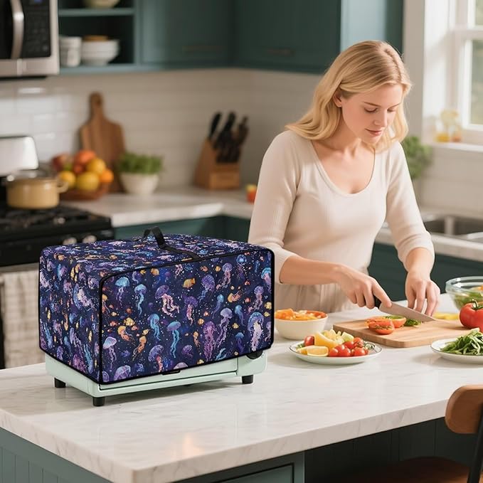 Jellyfish Clownfish Bubble Print Microwave Oven Cover Dust-Proof Fabric Toaster Oven Covers Easy to Clean Foldable Microwave Oven Grill Cover Protector with Top Handle, L